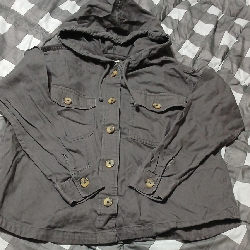 Maurices Dark Gray Hooded Button-Down Shirt Jacket